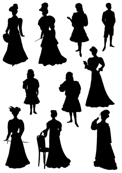 Collection of silhouettes of court ladies and children — Stock Vector