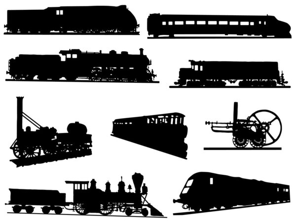 Collection of silhouettes of engines and trains