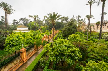 İspanya, Sevilla 'daki Alcazar Sarayı' ndaki bahçe manzarası