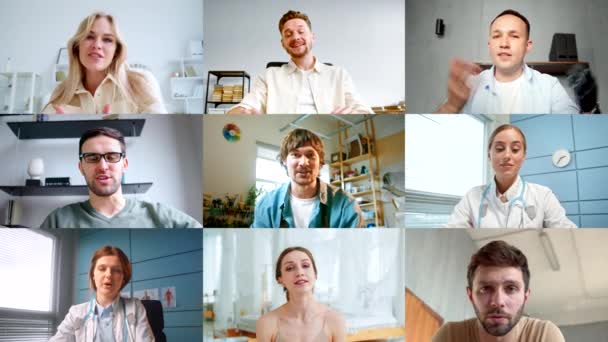 Personas de diferentes profesiones dedicadas a videocall grupal — Vídeos de Stock