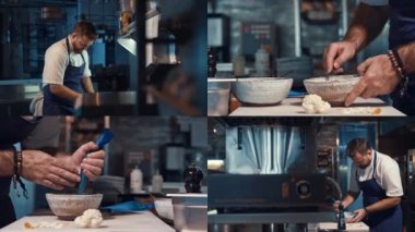Lokanta mutfağında yemek yapan orta yaşlı genç bir adam. Profesyonel bir aşçıyla video kolajı