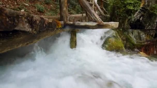 Atraktivní žena v kraťasech u kaskády vodopádů v národním parku Plitvice — Stock video