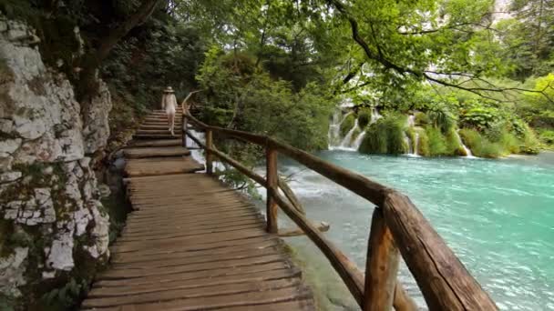Plitvice Gölleri 'ndeki ahşap köprü boyunca yürüyen mutlu bir gezgin. — Stok video