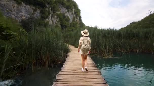 Jovem viajante caminhando ao longo de um caminho de madeira — Vídeo de Stock