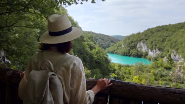 Donna attraente guardando i laghi, video al rallentatore — Video Stock