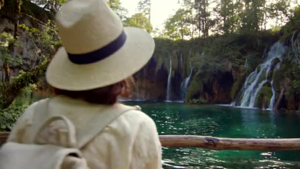 Jonge reiziger kijkt naar watervallen in nationaal park — Stockvideo