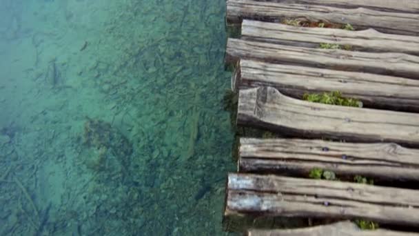 Het heldere water van het meer bij de houten brug, video 6k — Stockvideo