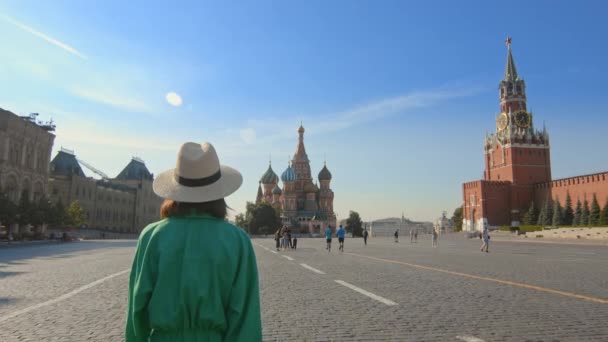 Mooi meisje in een groene jurk op een beroemde historische plaats — Stockvideo