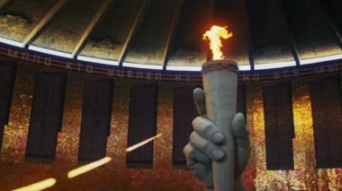 Mamayev Kurgan 'daki görkemli panteonun ebedi alevi, 8k aşağı ölçekli.
