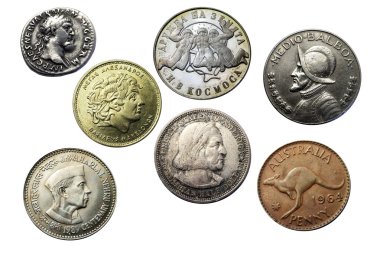 seven coins of different times and countries clipart