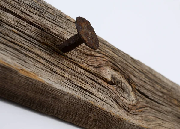 Rusty Forged Nail Hammered Old Dry Board — Stock Photo, Image