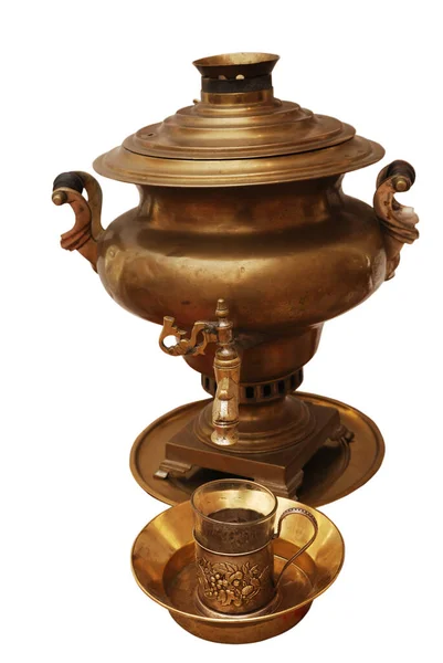 Samovar Latão Russo Tradicional Copo Suporte Vidro Fundo Branco — Fotografia de Stock