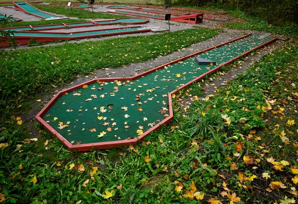 秋天的迷你高尔夫球场上覆盖着黄叶 — 图库照片