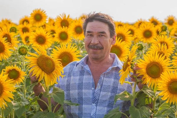 Agricoltore guardando girasole — Foto Stock