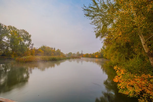 Herbstnebeltag auf einem Fluss. schöner Ort. — Stockfoto