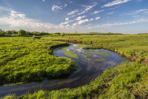 Grönt gräs, floden och moln — Stockfoto