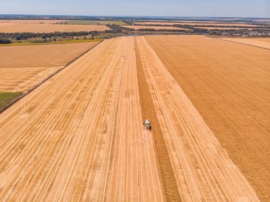 Tarlada çalışan hasat makinesi. Buğday tarlasını hasat eden ekin biçme makinesini birleştirin. Tarım. Hava görüntüsü. Yukarıdan.