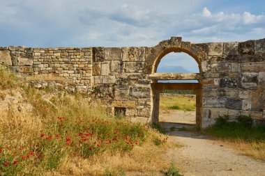 Türkiye 'nin Pamukkale tepesindeki antik Hierapolis kentinin kalıntıları. Sanatsal renkler eklendi.