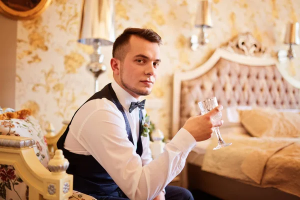 Morning Groom Beautiful Man Groom Posing Preparing Wedding Stylish Groom — Stock Photo, Image
