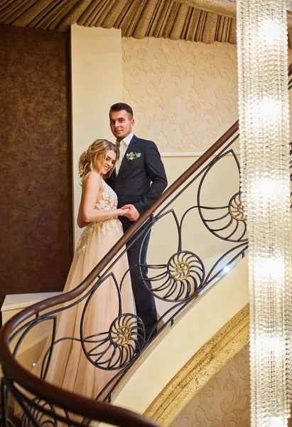 Par Recién Casados Están Pie Las Escaleras Lujoso Interior —  Fotos de Stock