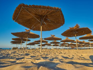 Yaz tatili için cennet gibi bir tropik tatil beldesindeki kumsalda Thatched plaj şemsiyeleri ve şezlongları