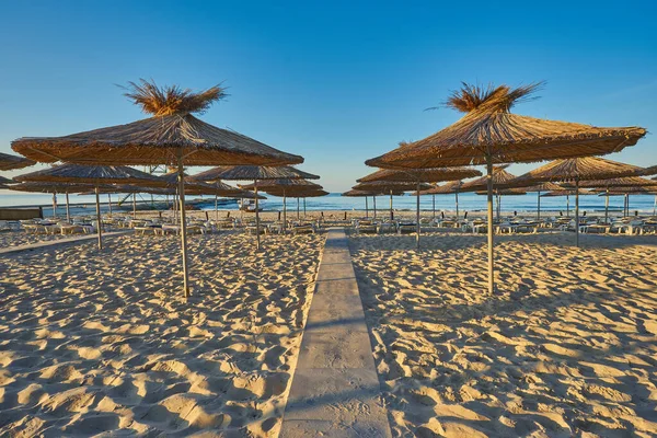 在一个田园诗般的热带度假胜地的海滩上 用干枯的海滩遮阳伞和躺椅放暑假 — 图库照片