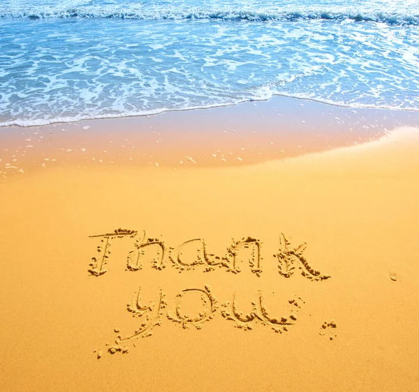 Conceito Mão Conceitual Desenhado Obrigado Texto Esculpido Uma Praia Areia — Fotografia de Stock