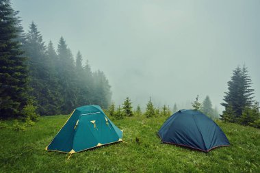 Çimenli tepede, sisli dağların üzerindeki güzel mavi gökyüzünün altında orman zeminiyle kaplı küçük, rahat bir turist çadırının yaz manzarası. Kamp, turizm ve seyahat konsepti.