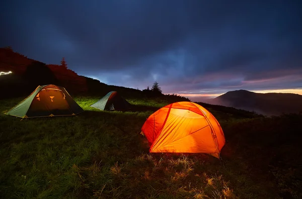 Illuminated Orange Camping Tent Moon Night — Stock Photo, Image