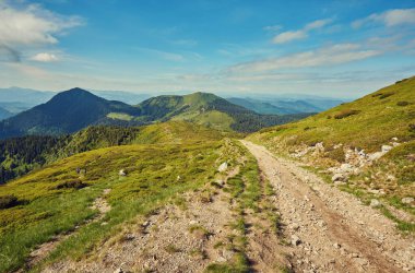 Alpler 'deki güzel cennet manzarası geleneksel dağ evi ve baharda mavi gökyüzünün açtığı güneşli bir günde çiçek açan taze yeşil çayırlar.