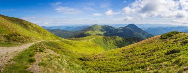 Alpler 'deki güzel cennet manzarası geleneksel dağ evi ve baharda mavi gökyüzünün açtığı güneşli bir günde çiçek açan taze yeşil çayırlar..