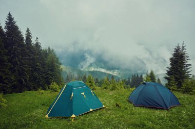 Çimenli tepede, sisli dağların üzerindeki güzel mavi gökyüzünün altında orman zeminiyle kaplı küçük, rahat bir turist çadırının yaz manzarası. Kamp, turizm ve seyahat konsepti.