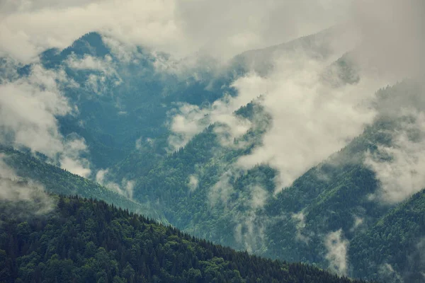 Vue Majestueuse Sur Belles Montagnes Brouillard Dans Paysage Brumeux Scène — Photo