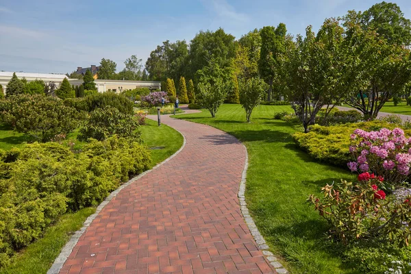 Schöner Sommergarten Mit Einem Sich Schlängelnden Fußweg — Stockfoto