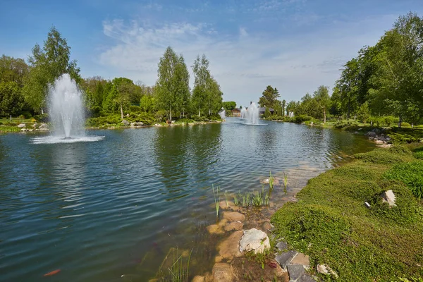 Shaved Decorative Bushes City Park Spring Park Lake Fountain — Stock Photo, Image