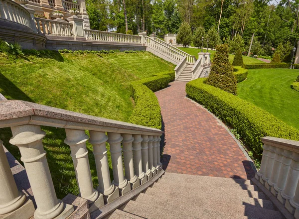 Stairs Stone Railings Balusters Iron Lanterns Background Park Luxurious Landscape — Stock Photo, Image