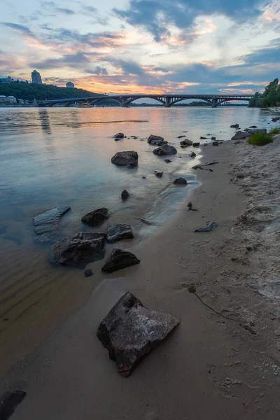 Vue Rive Droite Rivière Dniepr Sur Premier Pont Métro Ville — Photo