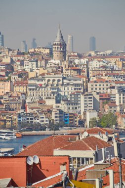 İstanbul 'da tarihi ve modern binaları olan Süleyman Camii' nin bahçesinden galata kulesi, şehir manzarası ve İstanbul manzarası. İstanbul, Trkey