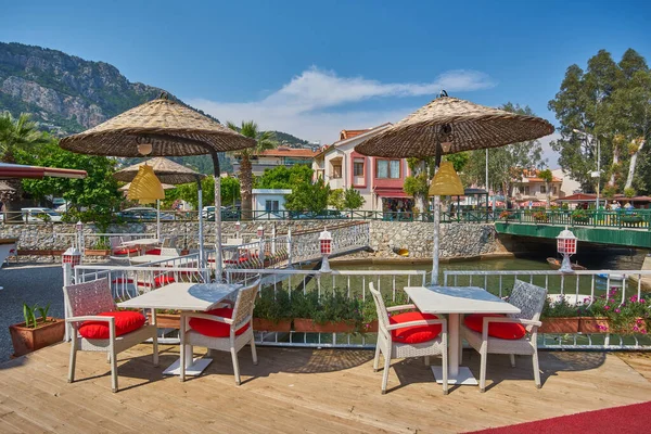 Café Plage Aube Tables Vides Dans Café Une Matinée Ensoleillée — Photo