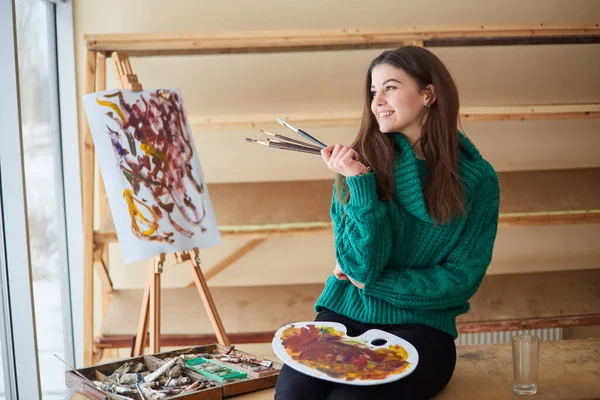 Young Caucasian Woman Artist Holding Paintbrush Draws Canvas Working Home — Stock Photo, Image