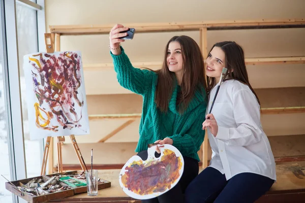 Beautiful Young Designers Making Selfie Using Smart Phone Smiling While — Stock Photo, Image
