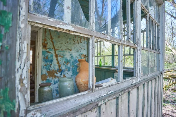 Casa Abandonada Cubierta Plantas Silvestres Que Comenzaron Amarillas Zona Exclusión — Foto de Stock