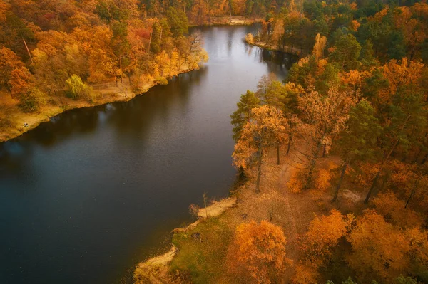 空中无人机俯瞰着五彩斑斓的森林顶部和秋天的湖水 — 图库照片