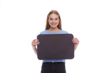 emotional young woman showing empty signboard with copy space isolated on white