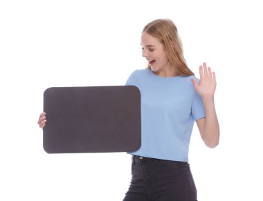 emotional young woman showing empty signboard with copy space isolated on white