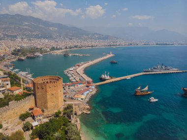 View from above on the Mediterranean coast, Alanya, Turkey. Summer photo taken from a drone