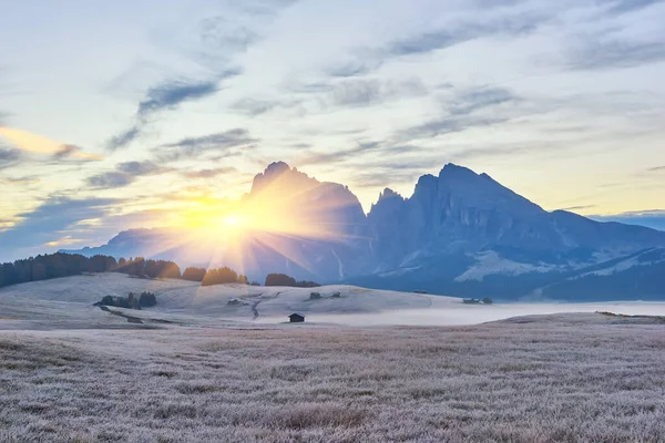 Wunderschönes Morgenlicht Über Den Langkofel Seiser Alm Italien Europa — Stockfoto