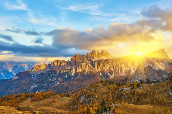 Panorama of autumn pomagagnon peaks at Cortina d\'Ampezzo, Dolomites, Italy, Colorful beautiful forest and rocks mountains.