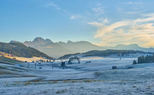 Piękne Poranne Światło Nad Szczytami Langkofel Alpe Siusi Włochy Europa — Zdjęcie stockowe