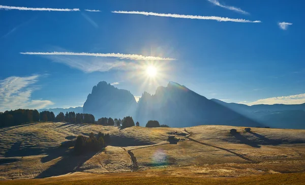 Wunderschönes Morgenlicht Über Den Langkofel Seiser Alm Italien Europa — Stockfoto